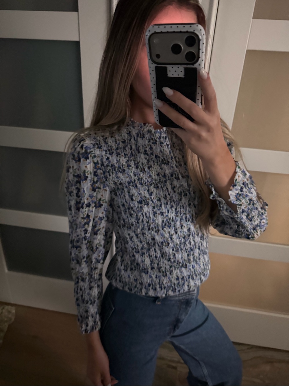 Veronica Beard Kali Floral Smocked Three-Quarter Sleeve Top